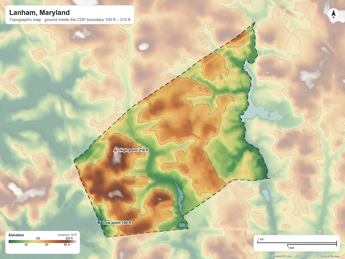 Topographic elevation map of Lanham, Maryland, shaded from 100 ft on the southwest side to 210 ft on the west side
