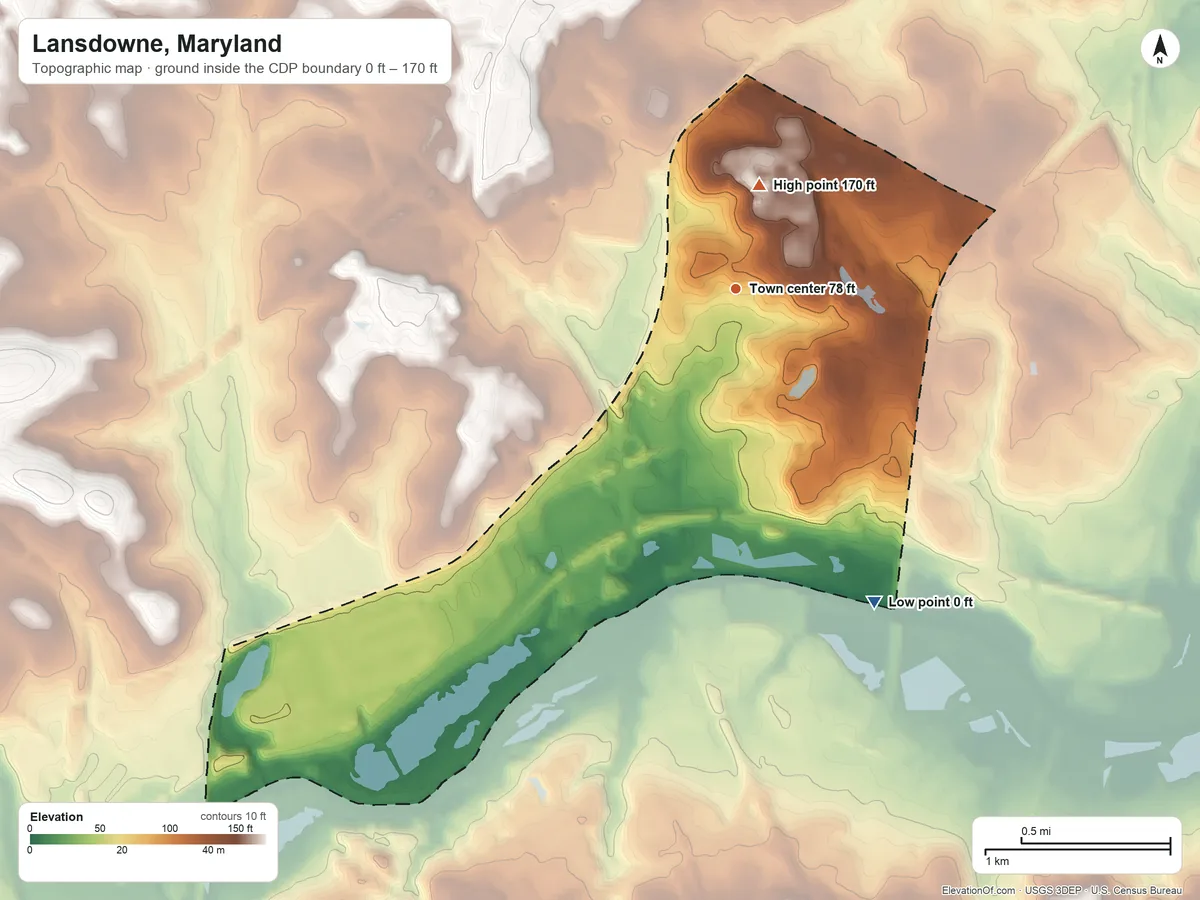 Topographic elevation map of Lansdowne, Maryland, shaded from 0 ft on the southeast side to 170 ft near the middle