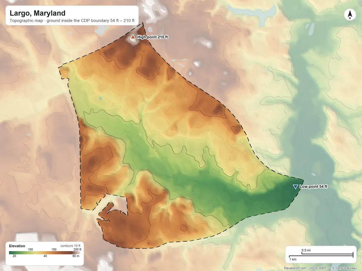 Topographic elevation map of Largo, Maryland, shaded from 54 ft on the east side to 210 ft on the north side
