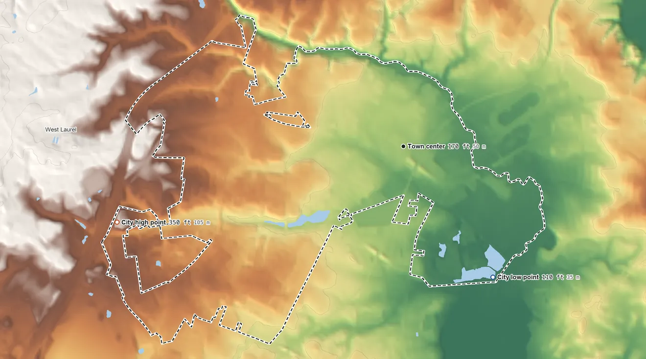 Topographic elevation map of Laurel, Maryland, shaded from 110 ft on the southeast side to 350 ft on the west side