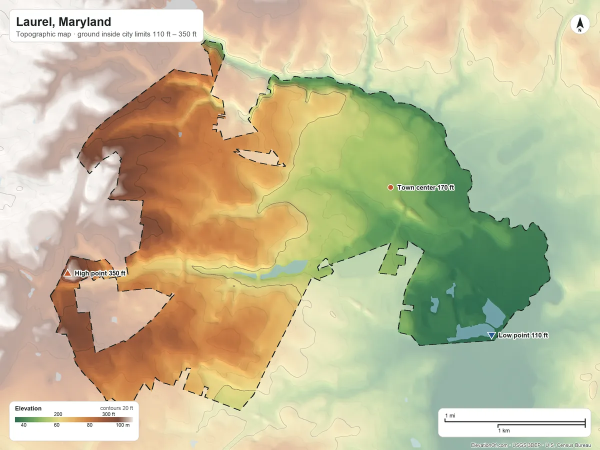 Topographic elevation map of Laurel, Maryland, shaded from 110 ft on the southeast side to 350 ft on the west side