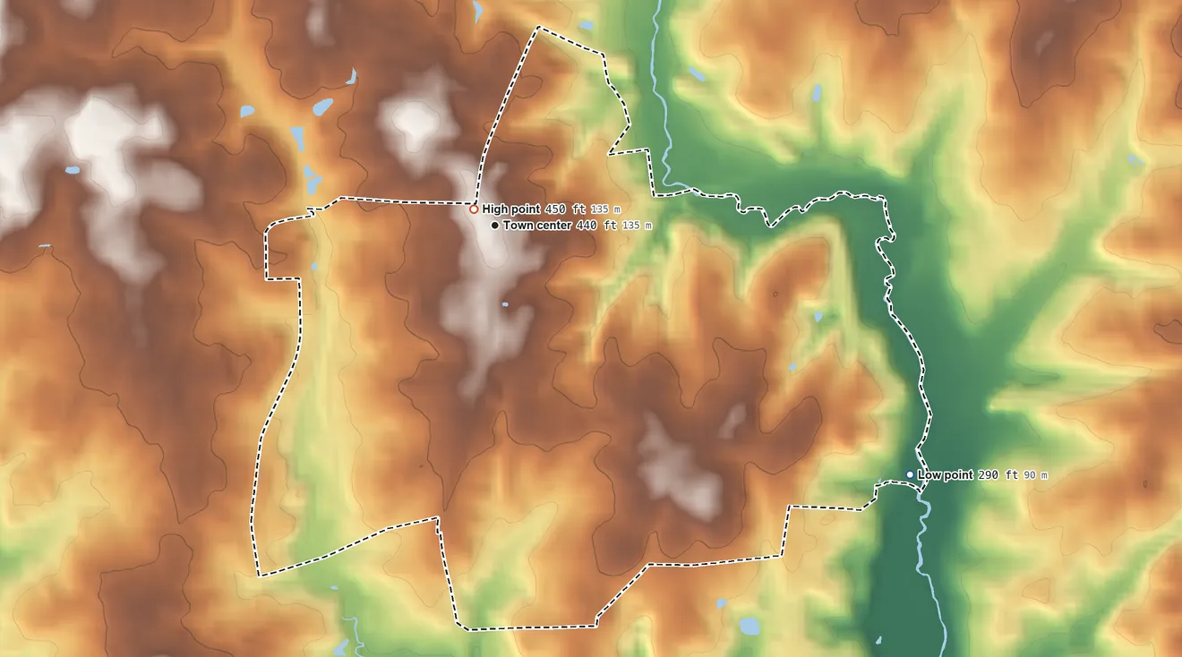 Topographic elevation map of Layhill, Maryland, shaded from 290 ft on the southeast side to 450 ft near the middle