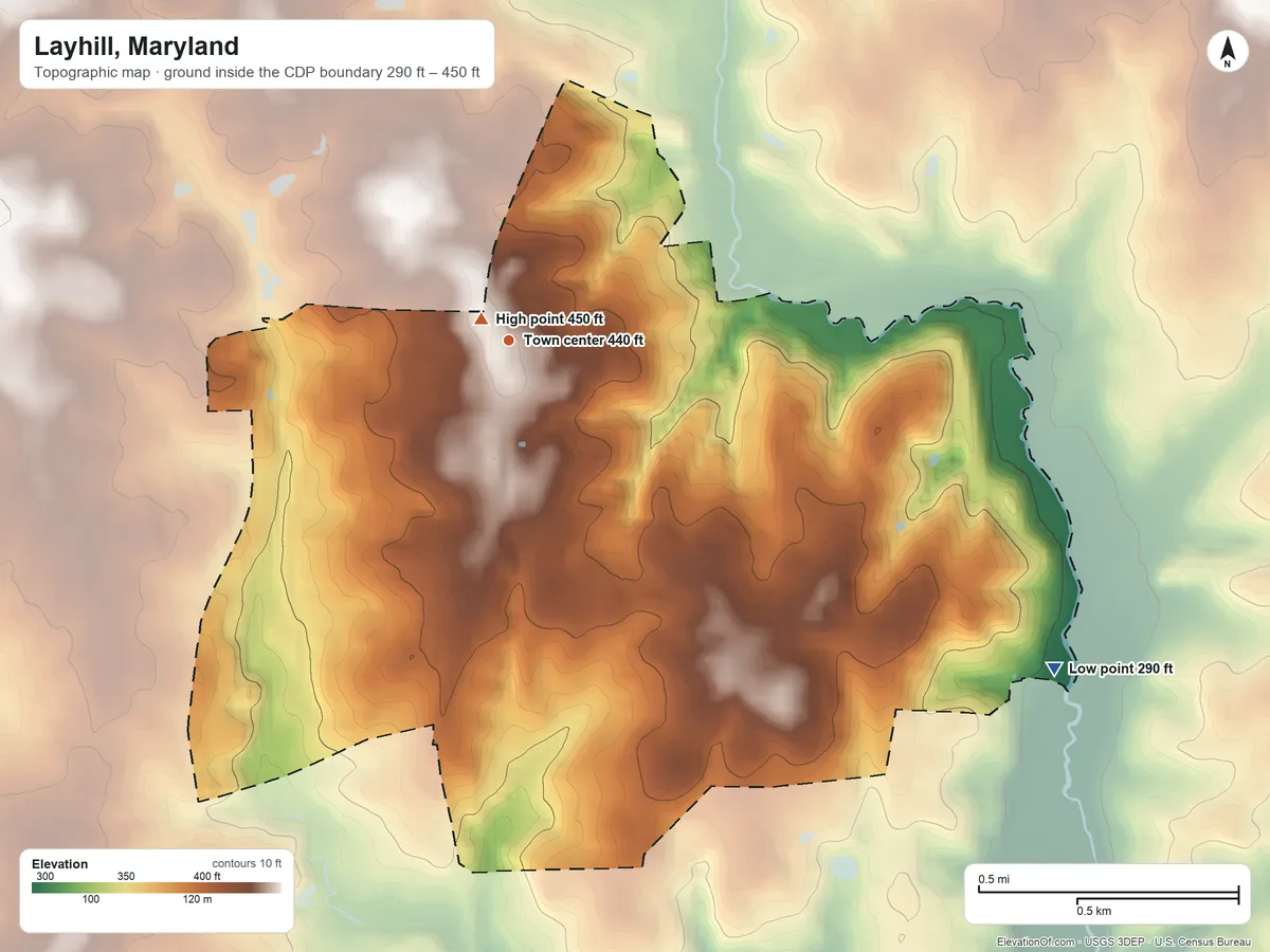 Topographic elevation map of Layhill, Maryland, shaded from 290 ft on the southeast side to 450 ft near the middle