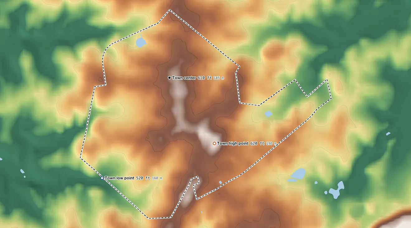 Topographic elevation map of Laytonsville, Maryland, shaded from 520 ft on the southwest side to 620 ft on the southeast side