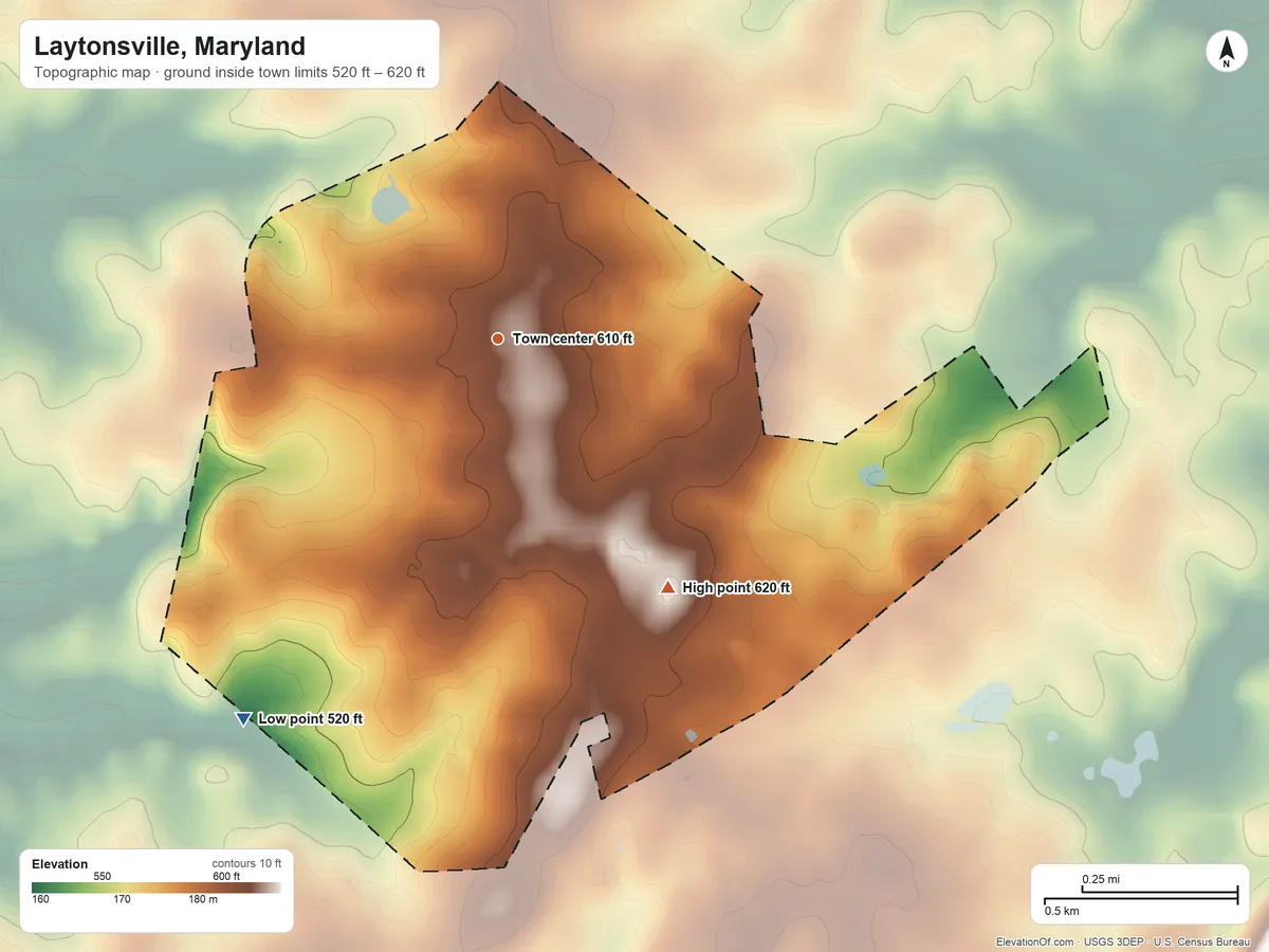 Topographic elevation map of Laytonsville, Maryland, shaded from 520 ft on the southwest side to 620 ft on the southeast side