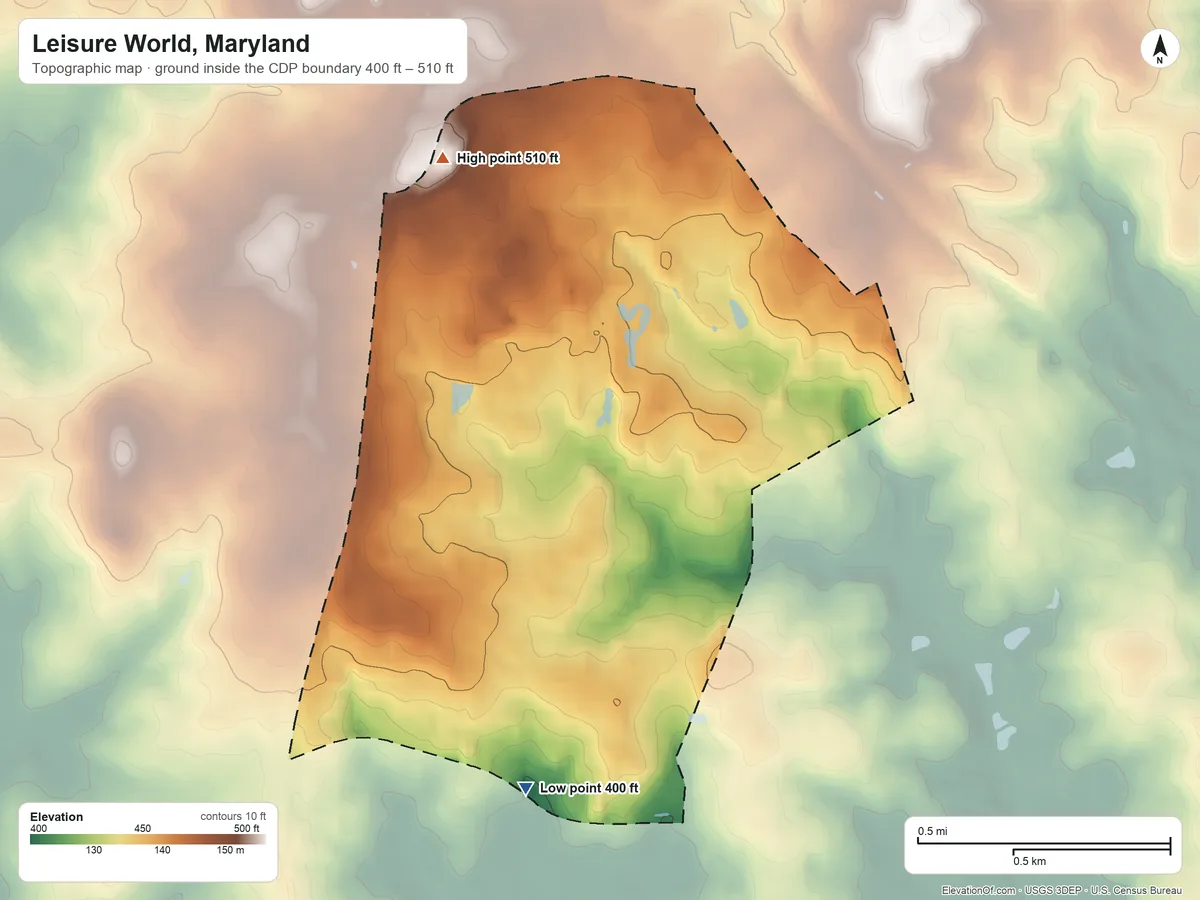 Topographic elevation map of Leisure World, Maryland, shaded from 400 ft on the south side to 510 ft on the north side