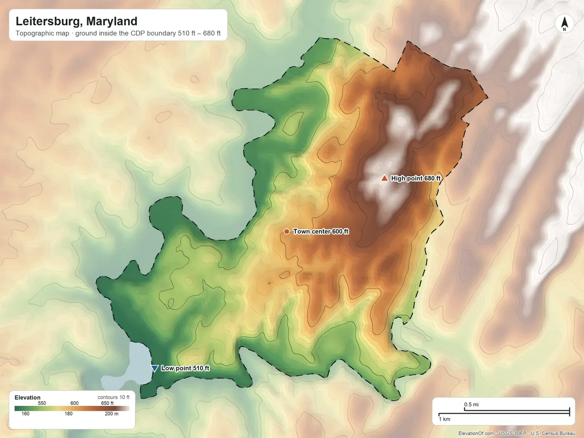 Topographic elevation map of Leitersburg, Maryland, shaded from 510 ft on the southwest side to 680 ft on the northeast side