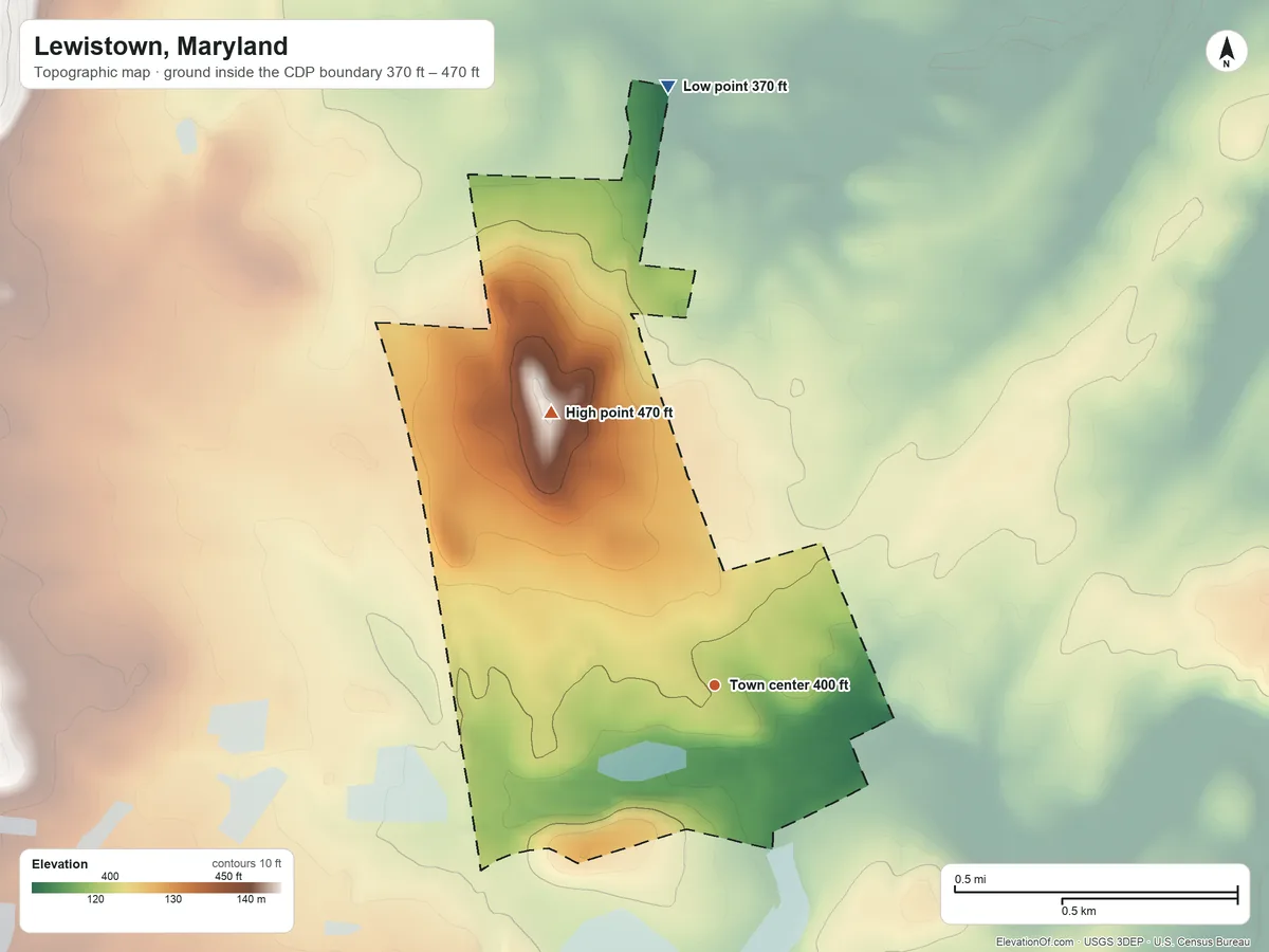 Topographic elevation map of Lewistown, Maryland, shaded from 370 ft on the north side to 470 ft on the northwest edge, below higher ground just outside