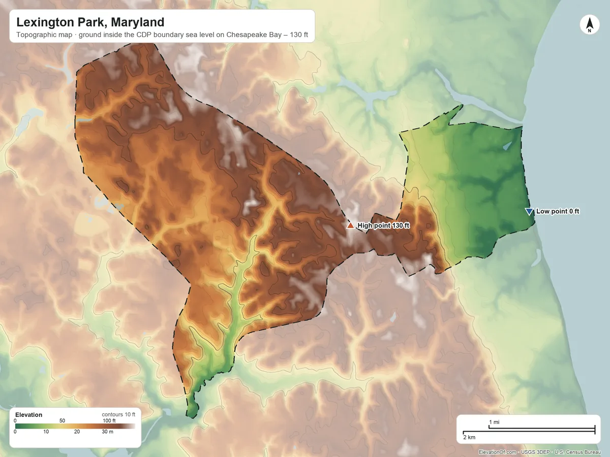 Topographic elevation map of Lexington Park, Maryland, shaded from sea level level on Chesapeake Bay to 130 ft on the east side
