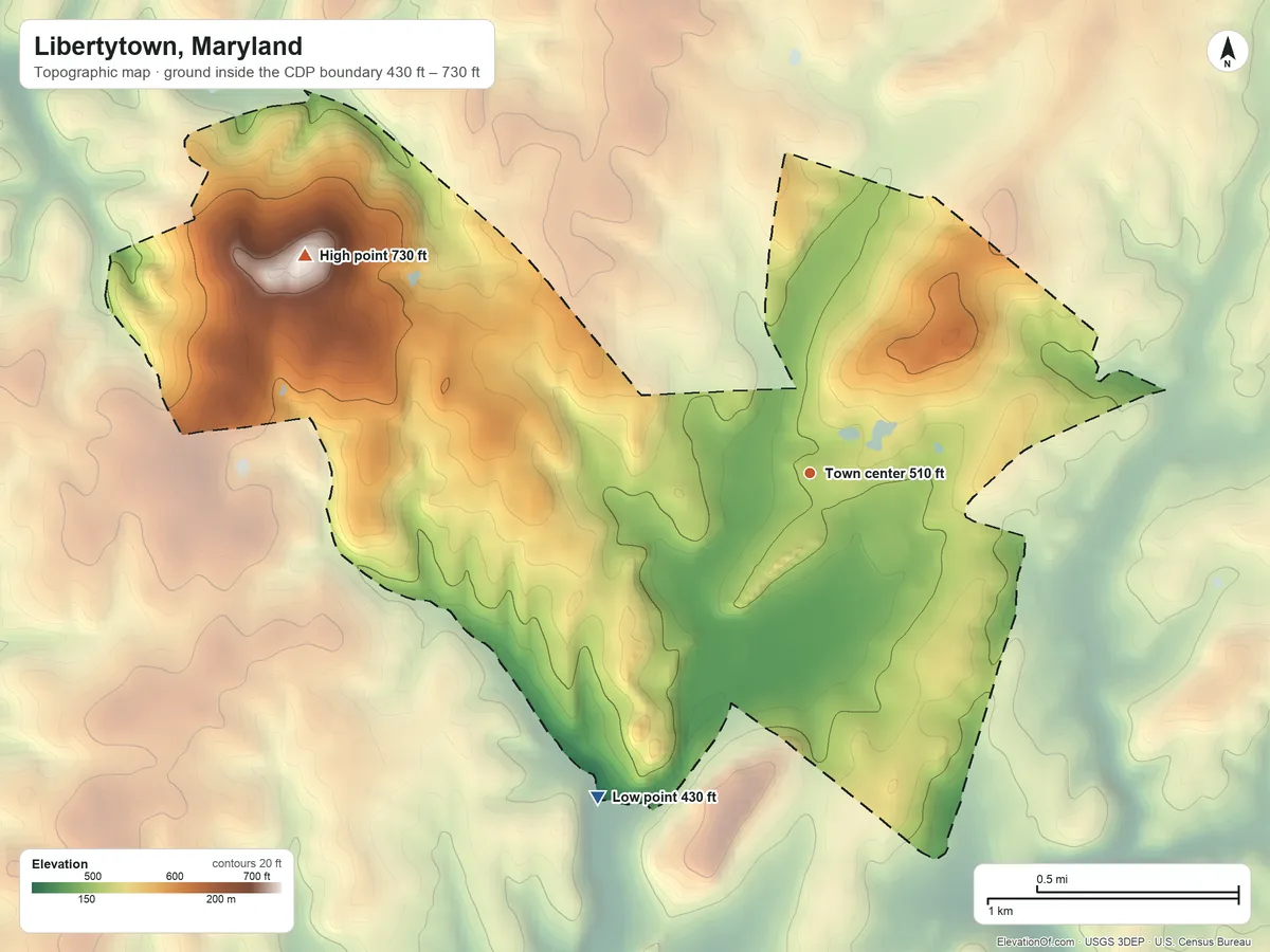 Topographic elevation map of Libertytown, Maryland, shaded from 430 ft on the southwest side to 730 ft on the northwest side
