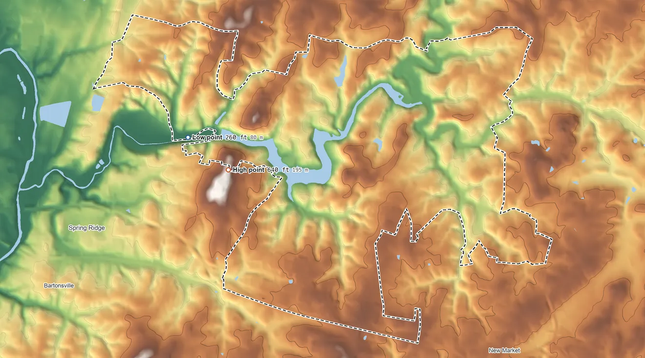 Topographic elevation map of Linganore, Maryland, shaded from 260 ft on the west side to 640 ft on the west side