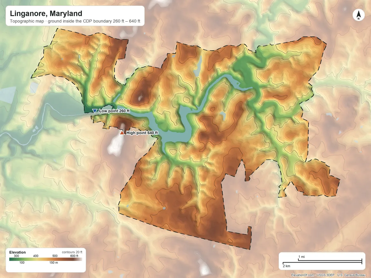 Topographic elevation map of Linganore, Maryland, shaded from 260 ft on the west side to 640 ft on the west side
