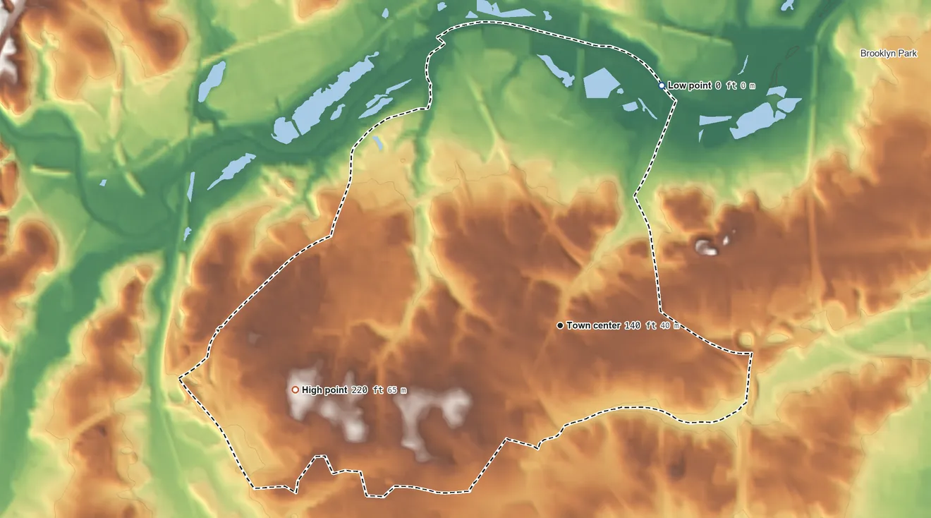 Topographic elevation map of Linthicum, Maryland, shaded from 0 ft on the northeast side to 220 ft on the west side