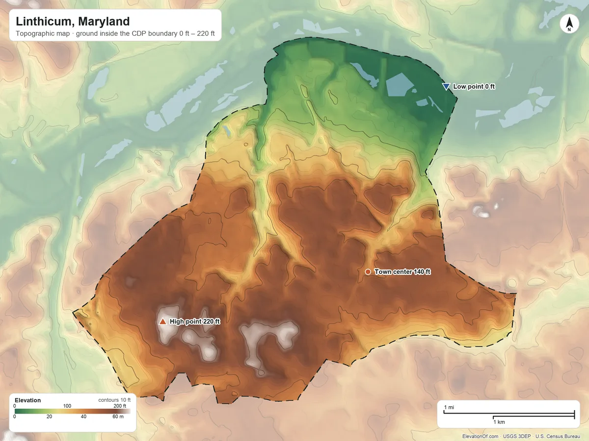 Topographic elevation map of Linthicum, Maryland, shaded from 0 ft on the northeast side to 220 ft on the west side