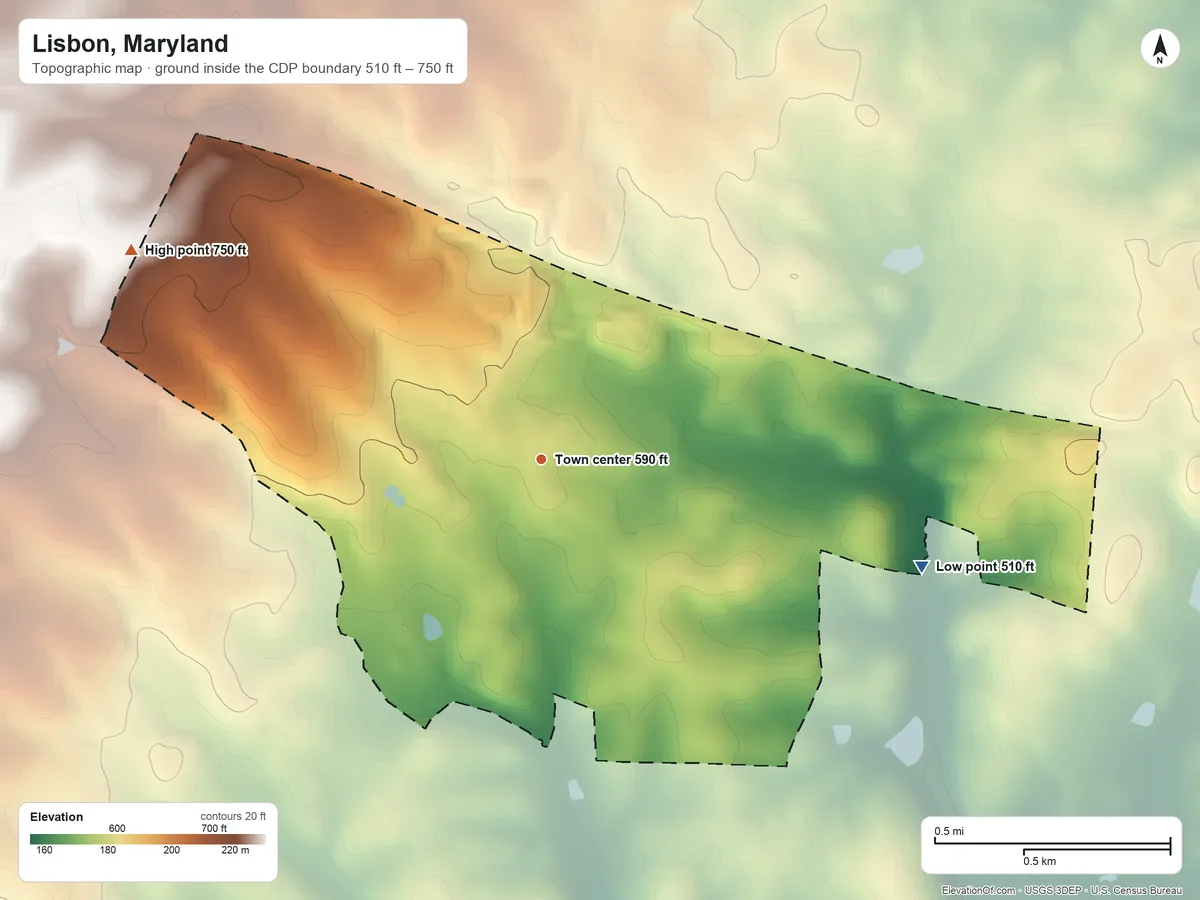 Topographic elevation map of Lisbon, Maryland, shaded from 510 ft on the east side to 750 ft on the northwest side