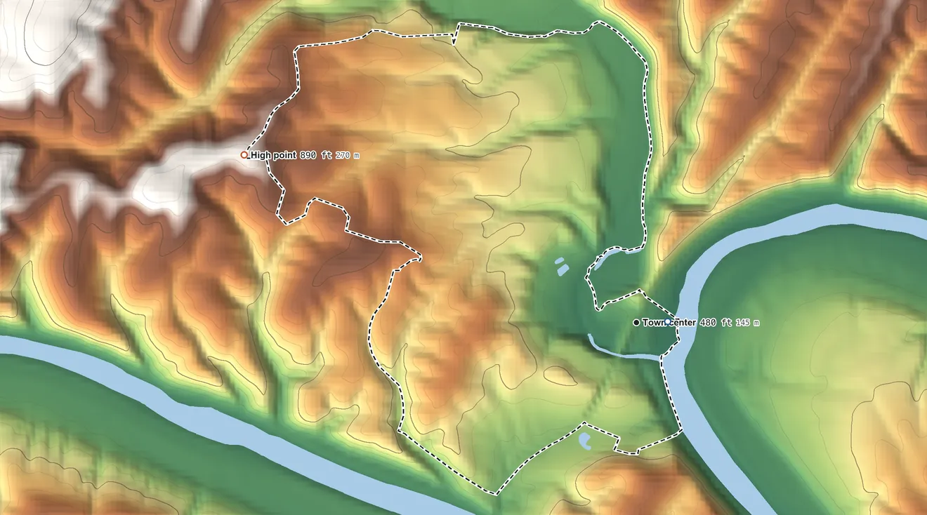 Topographic elevation map of Little Orleans, Maryland, shaded from 430 ft near the middle to 890 ft on the northwest edge, below higher ground just outside