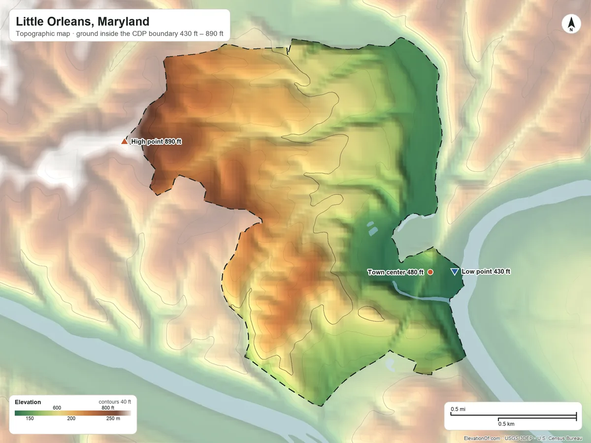 Topographic elevation map of Little Orleans, Maryland, shaded from 430 ft near the middle to 890 ft on the northwest edge, below higher ground just outside