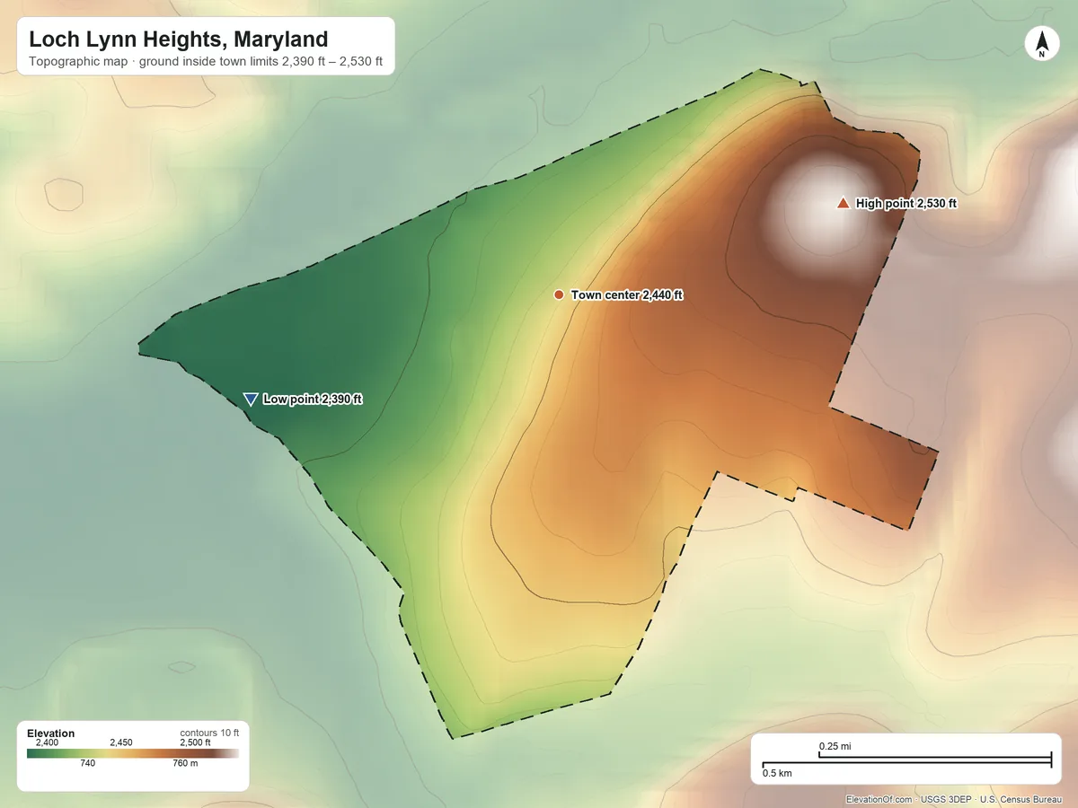 Topographic elevation map of Loch Lynn Heights, Maryland, shaded from 2,390 ft on the west side to 2,530 ft on the east edge, below higher ground just outside