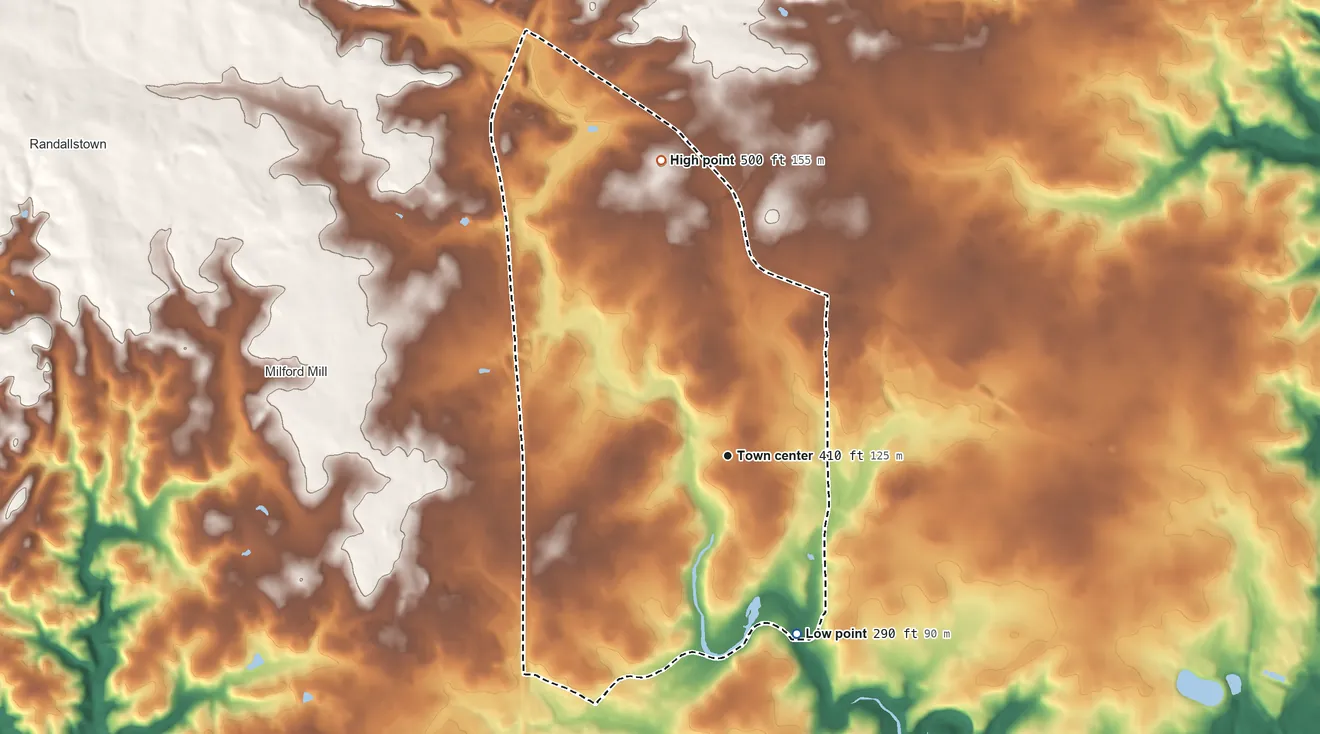 Topographic elevation map of Lochearn, Maryland, shaded from 290 ft on the south side to 500 ft on the north side