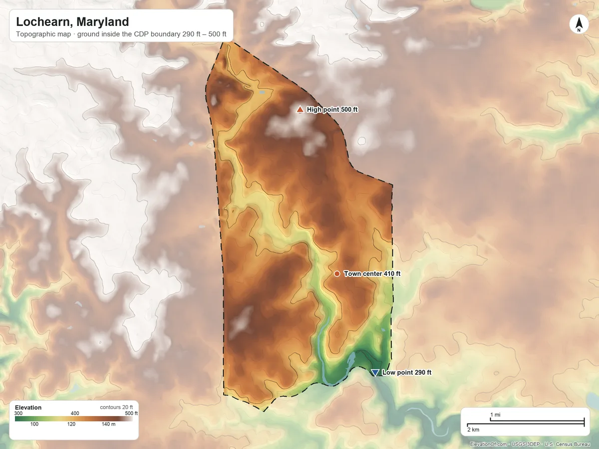 Topographic elevation map of Lochearn, Maryland, shaded from 290 ft on the south side to 500 ft on the north side