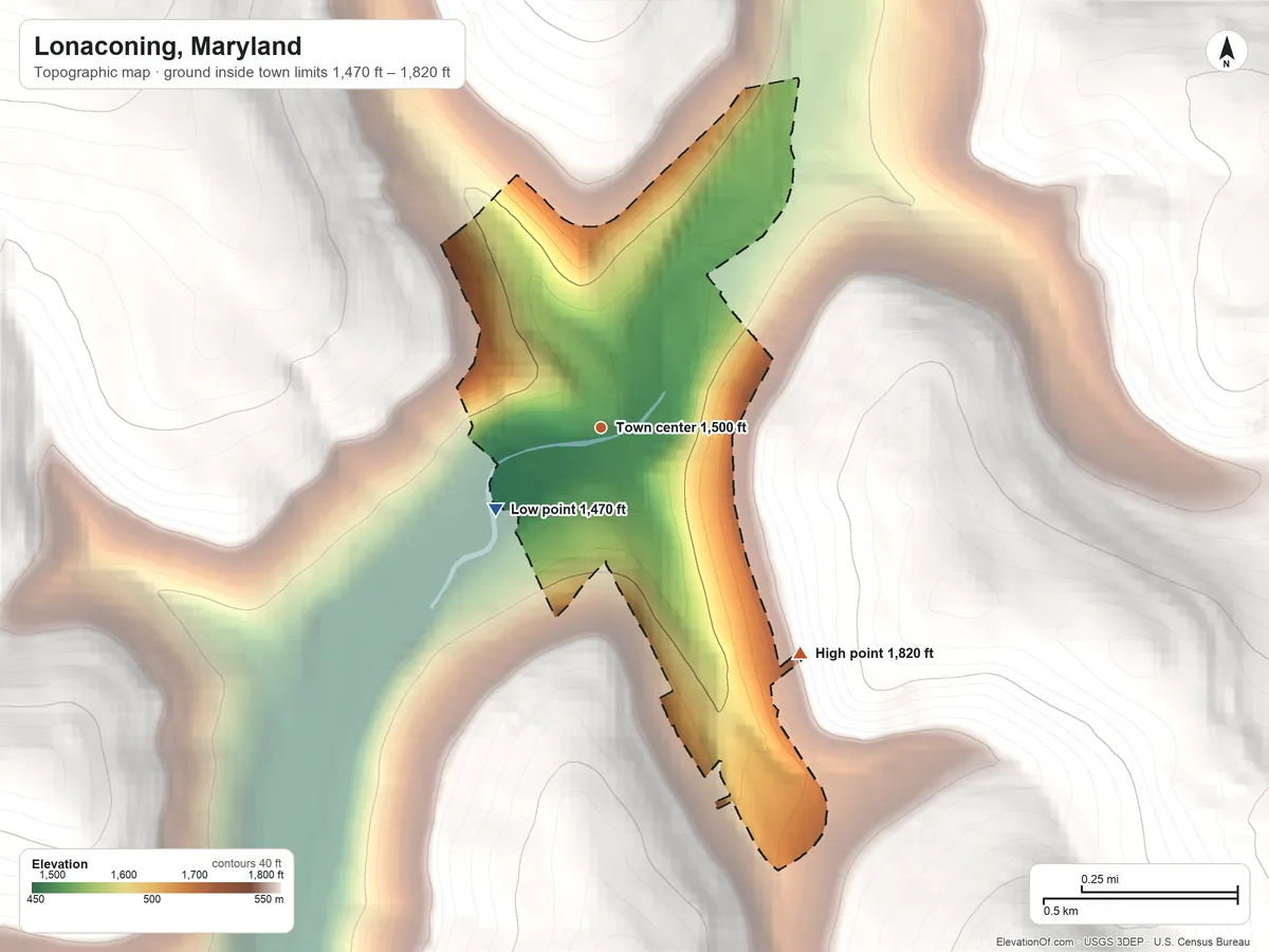 Topographic elevation map of Lonaconing, Maryland, shaded from 1,470 ft on the southwest side to 1,820 ft on the southeast edge, below higher ground just outside