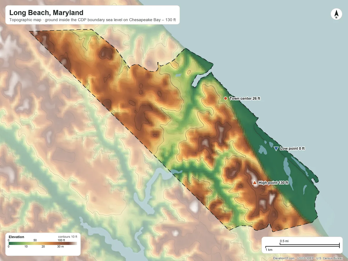 Topographic elevation map of Long Beach, Maryland, shaded from sea level level on Chesapeake Bay to 130 ft on the south side