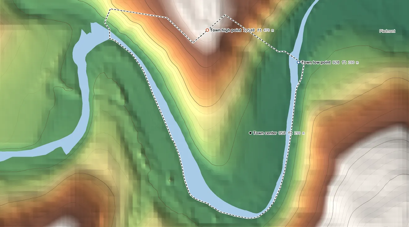 Topographic elevation map of Luke, Maryland, shaded from 920 ft on the northeast side to 1,540 ft on the northwest edge, below higher ground just outside