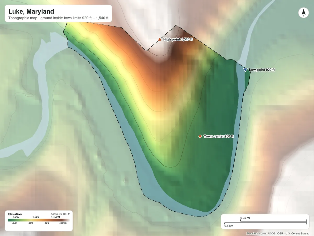 Topographic elevation map of Luke, Maryland, shaded from 920 ft on the northeast side to 1,540 ft on the northwest edge, below higher ground just outside