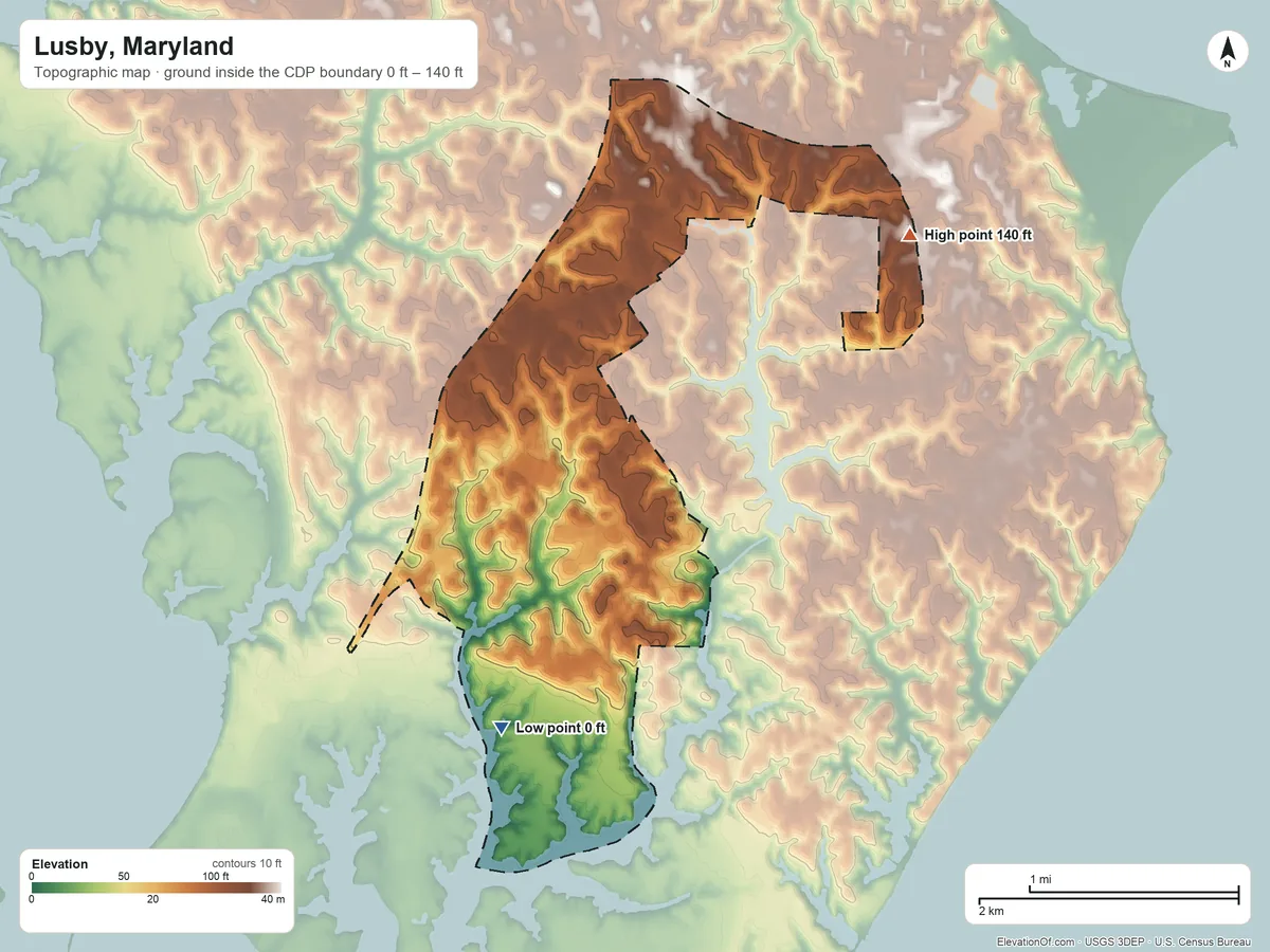 Topographic elevation map of Lusby, Maryland, shaded from 0 ft on the south side to 140 ft on the east side