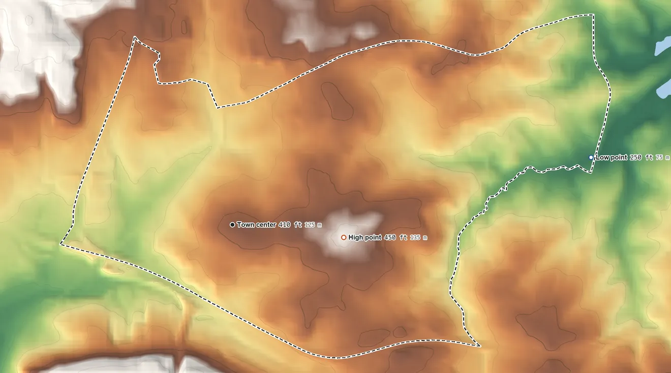 Topographic elevation map of Lutherville, Maryland, shaded from 250 ft on the east side to 450 ft on the east side