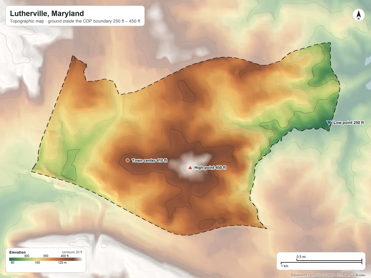 Topographic elevation map of Lutherville, Maryland, shaded from 250 ft on the east side to 450 ft on the east side