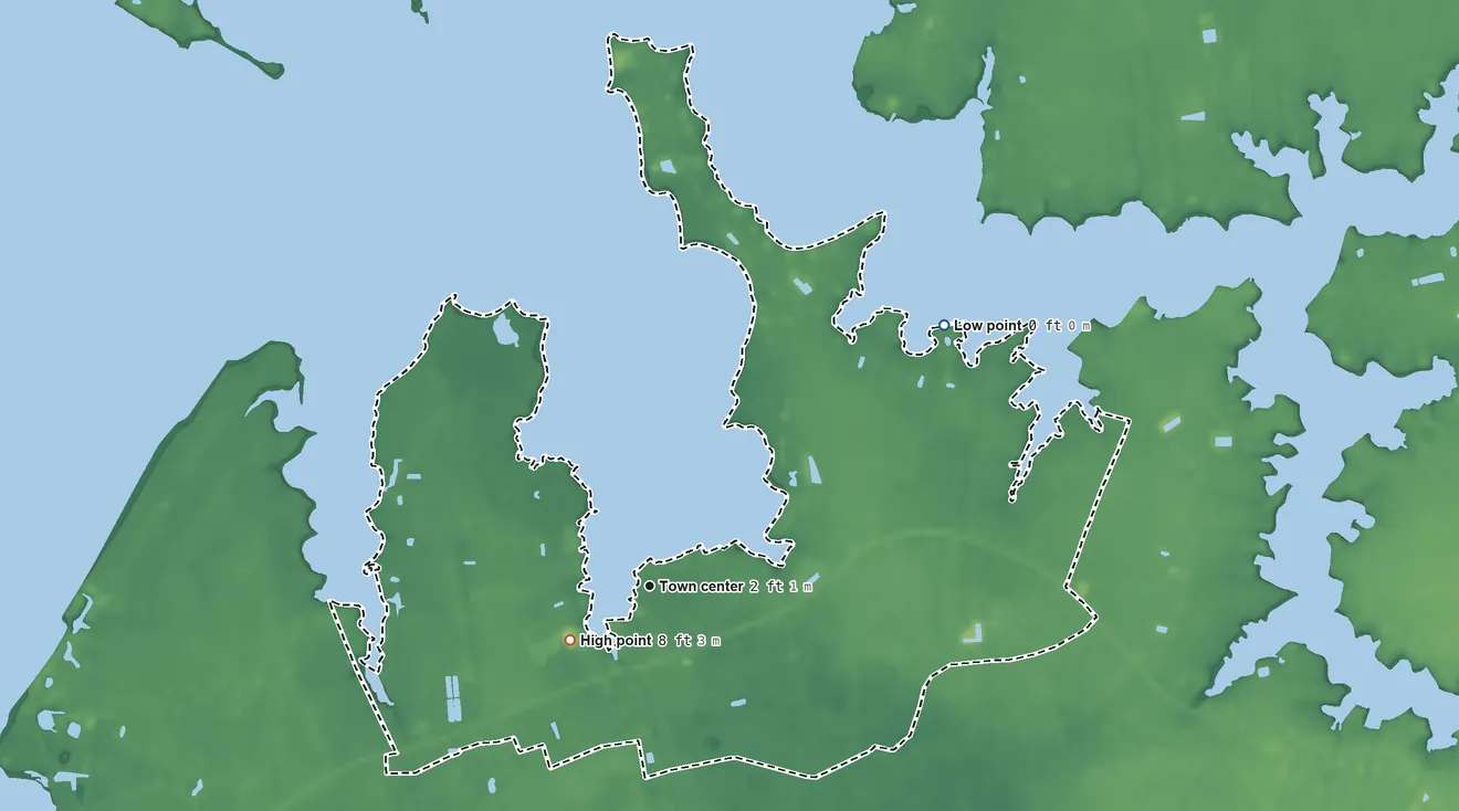 Topographic elevation map of Madison, Maryland, shaded from 0 ft on the northeast side to 8 ft near the middle