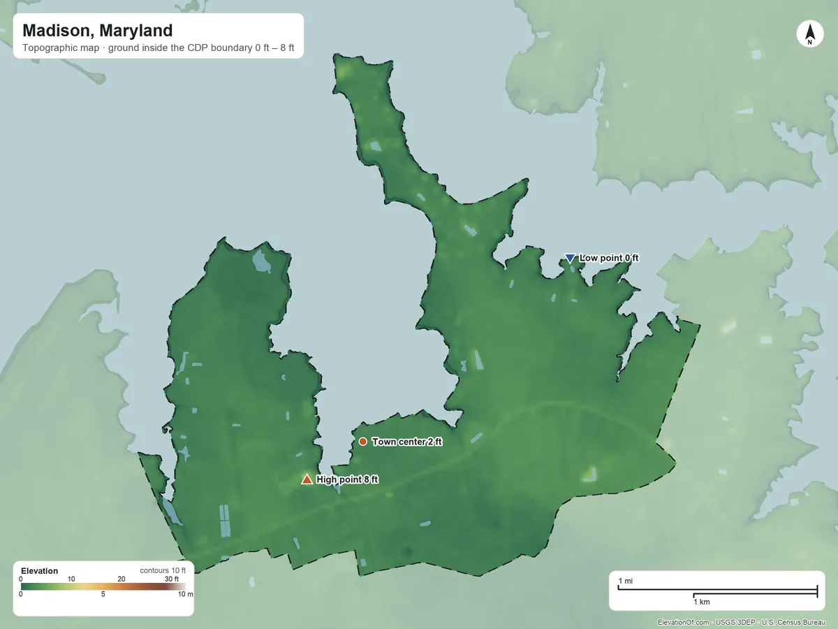 Topographic elevation map of Madison, Maryland, shaded from 0 ft on the northeast side to 8 ft near the middle