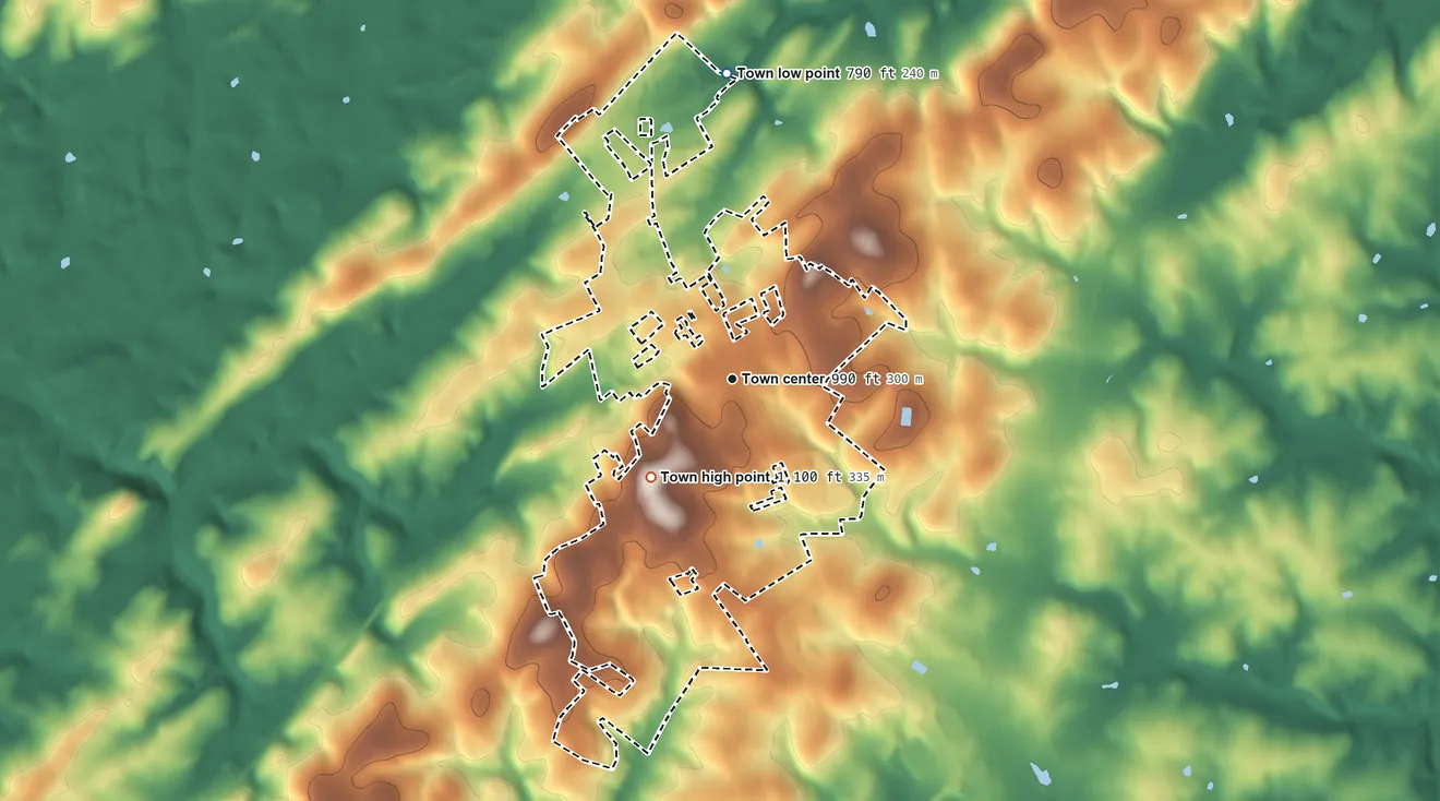 Topographic elevation map of Manchester, Maryland, shaded from 790 ft on the north side to 1,100 ft on the southwest side