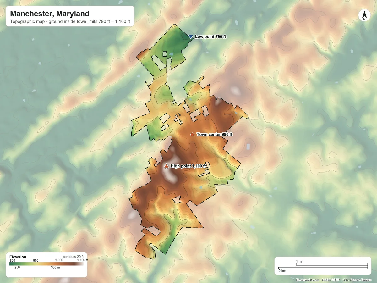 Topographic elevation map of Manchester, Maryland, shaded from 790 ft on the north side to 1,100 ft on the southwest side