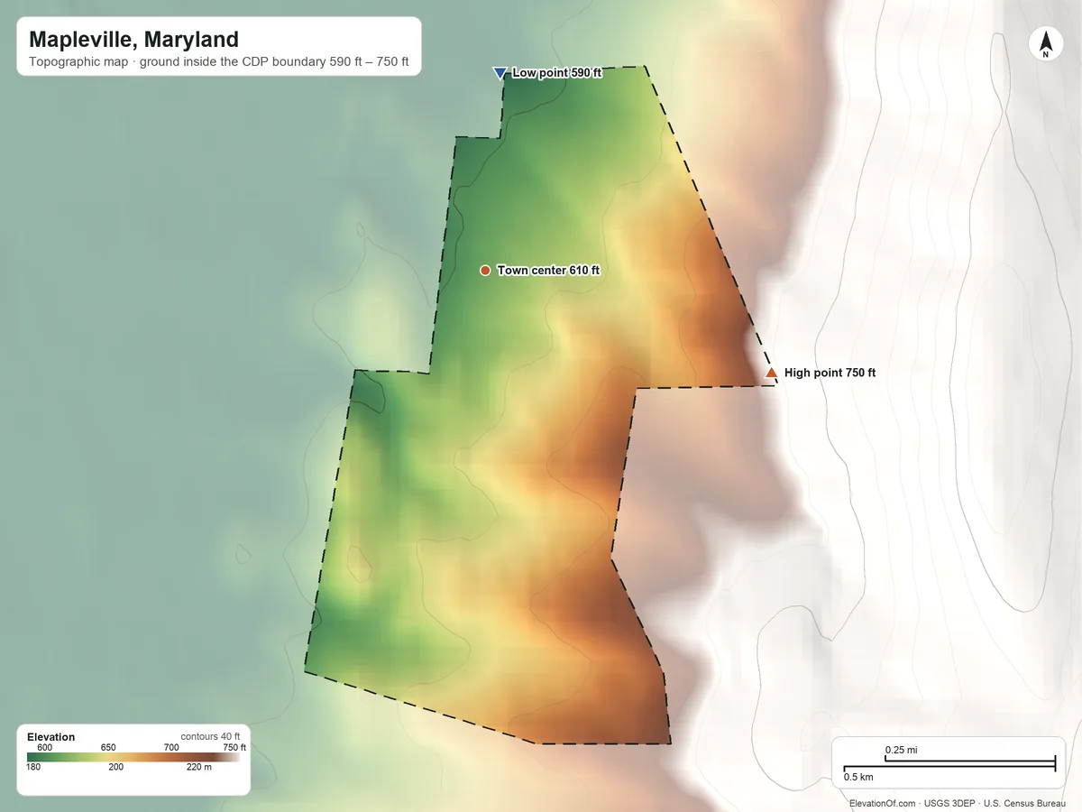 Topographic elevation map of Mapleville, Maryland, shaded from 590 ft on the north side to 750 ft on the east edge, below higher ground just outside
