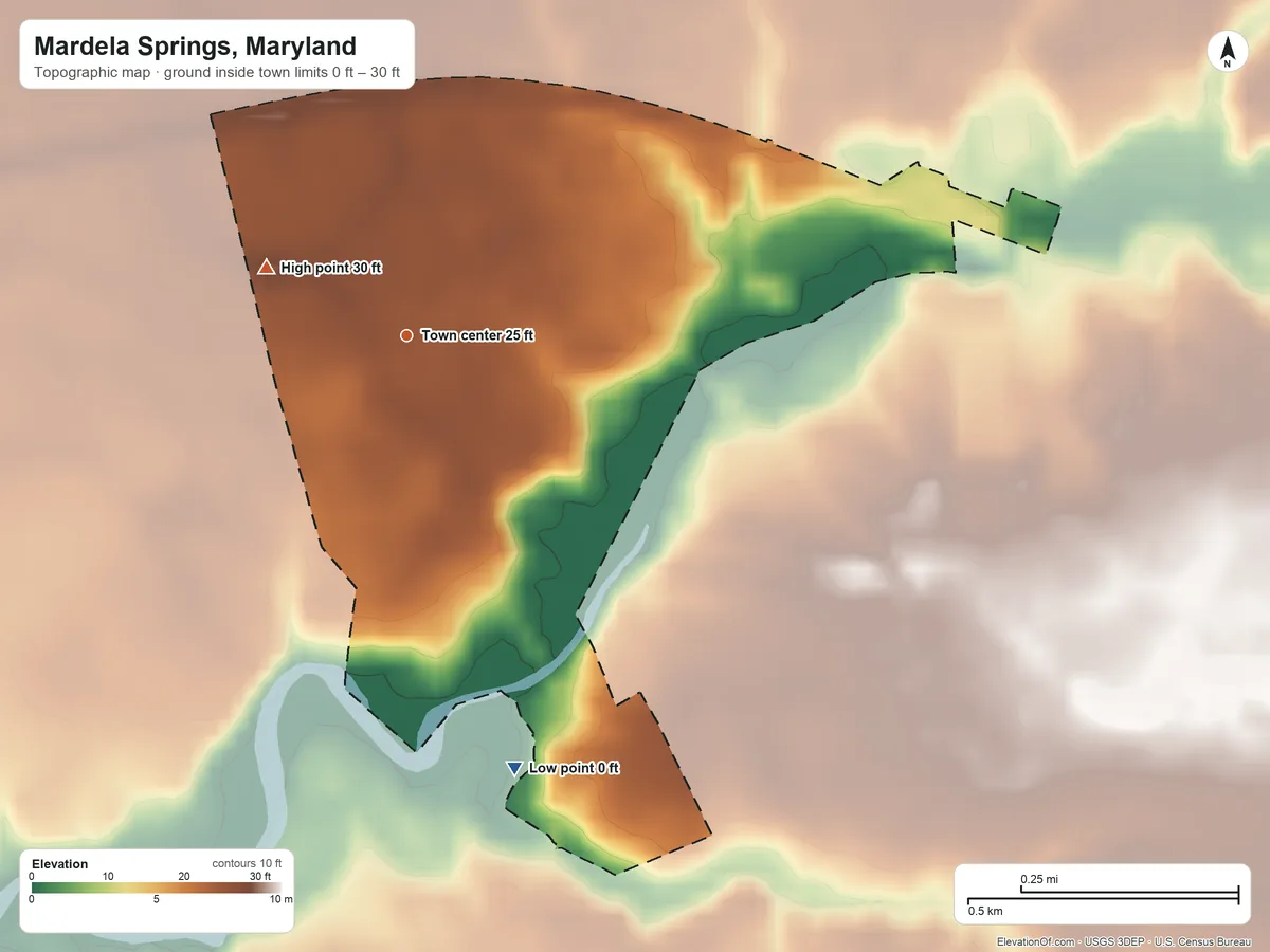 Topographic elevation map of Mardela Springs, Maryland, shaded from 0 ft on the south side to 30 ft on the northwest side