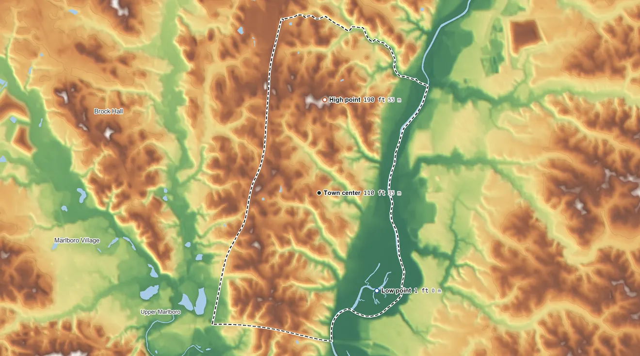 Topographic elevation map of Marlboro Meadows, Maryland, shaded from 1 ft on the southeast side to 190 ft on the north side