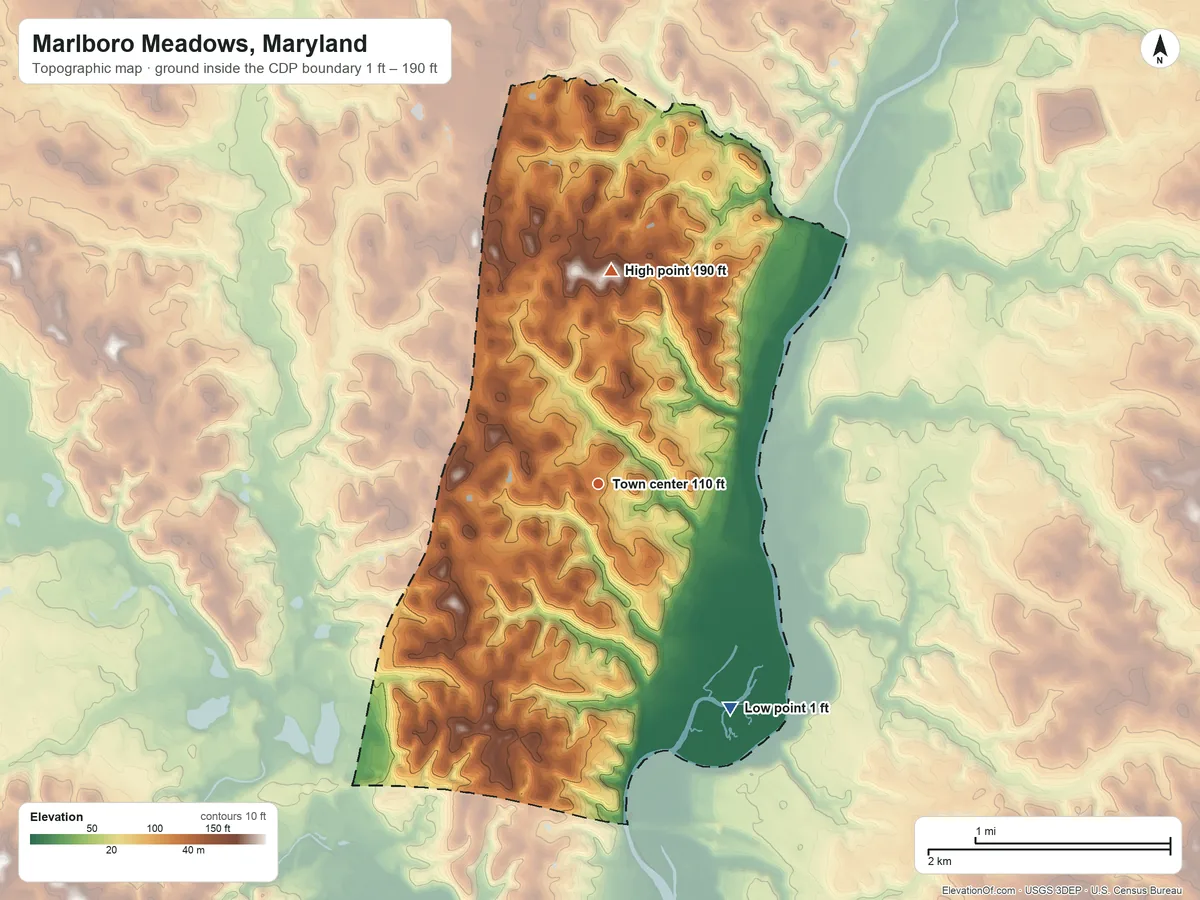 Topographic elevation map of Marlboro Meadows, Maryland, shaded from 1 ft on the southeast side to 190 ft on the north side