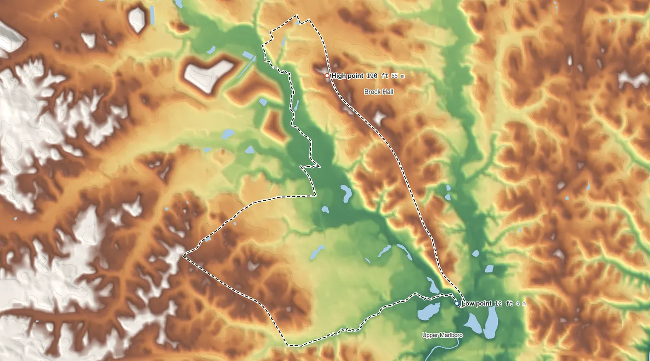 Topographic elevation map of Marlboro Village, Maryland, shaded from 12 ft on the southeast side to 190 ft on the north side