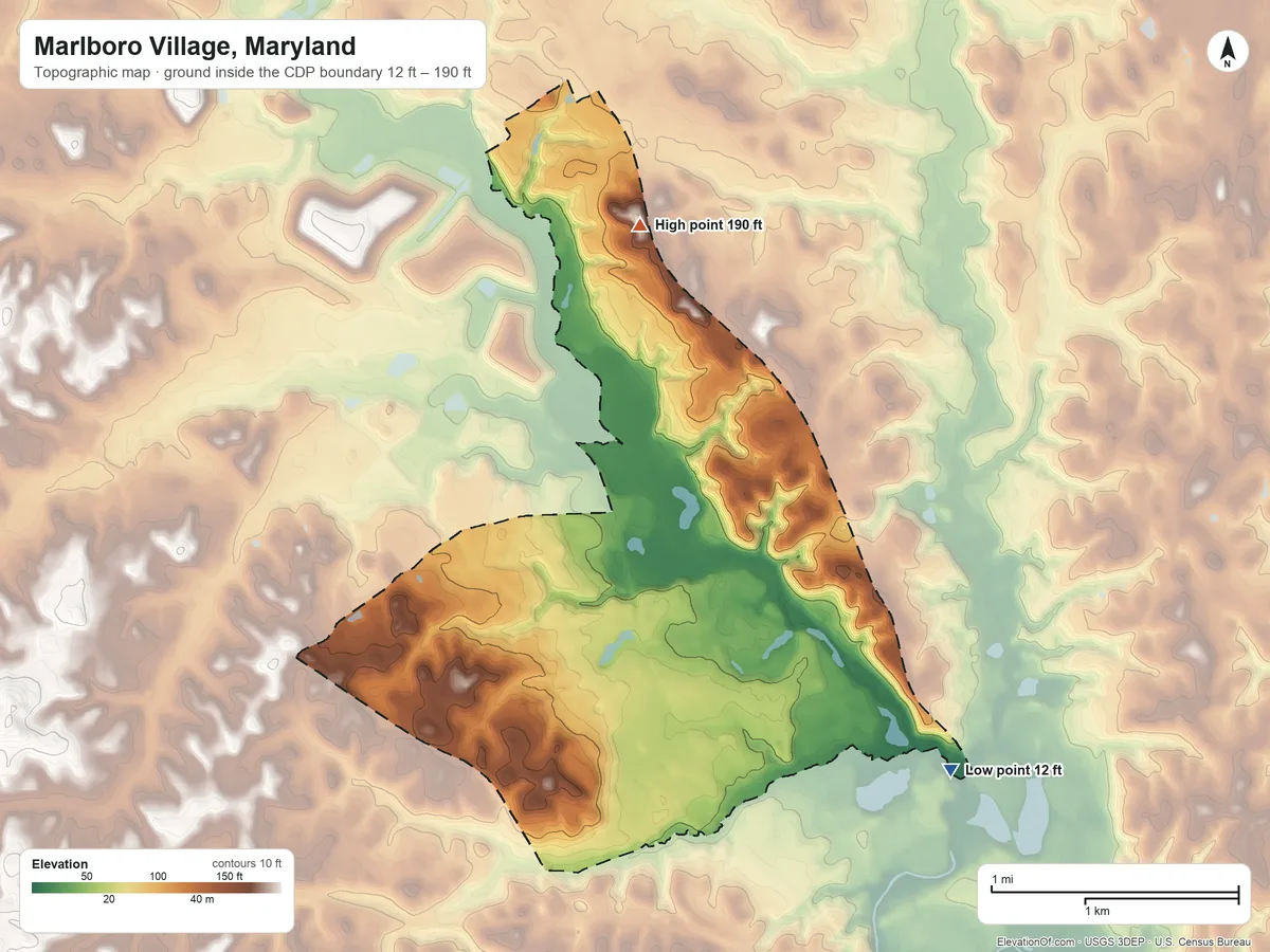 Topographic elevation map of Marlboro Village, Maryland, shaded from 12 ft on the southeast side to 190 ft on the north side