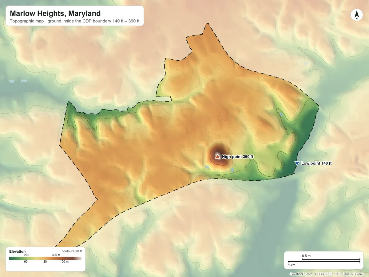 Topographic elevation map of Marlow Heights, Maryland, shaded from 140 ft on the east side to 390 ft on the southeast side