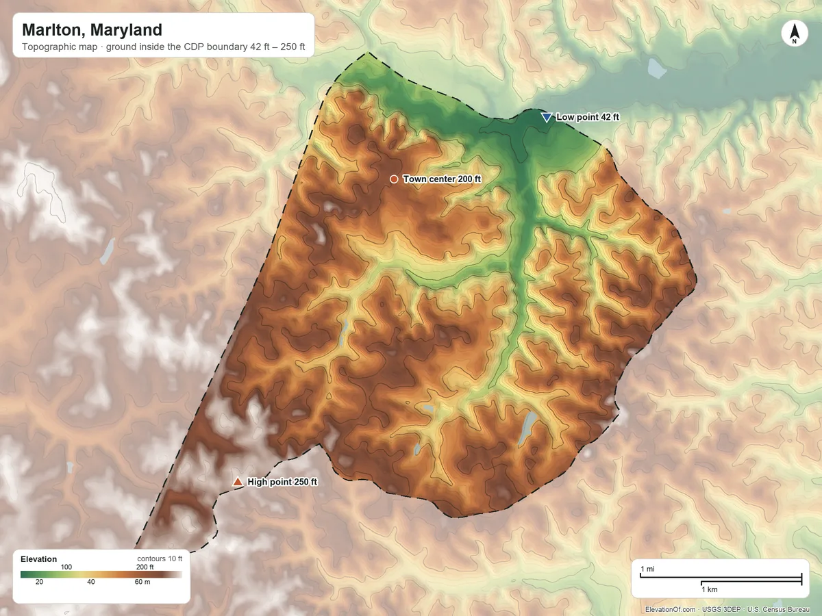 Topographic elevation map of Marlton, Maryland, shaded from 42 ft on the east side to 250 ft on the southwest side