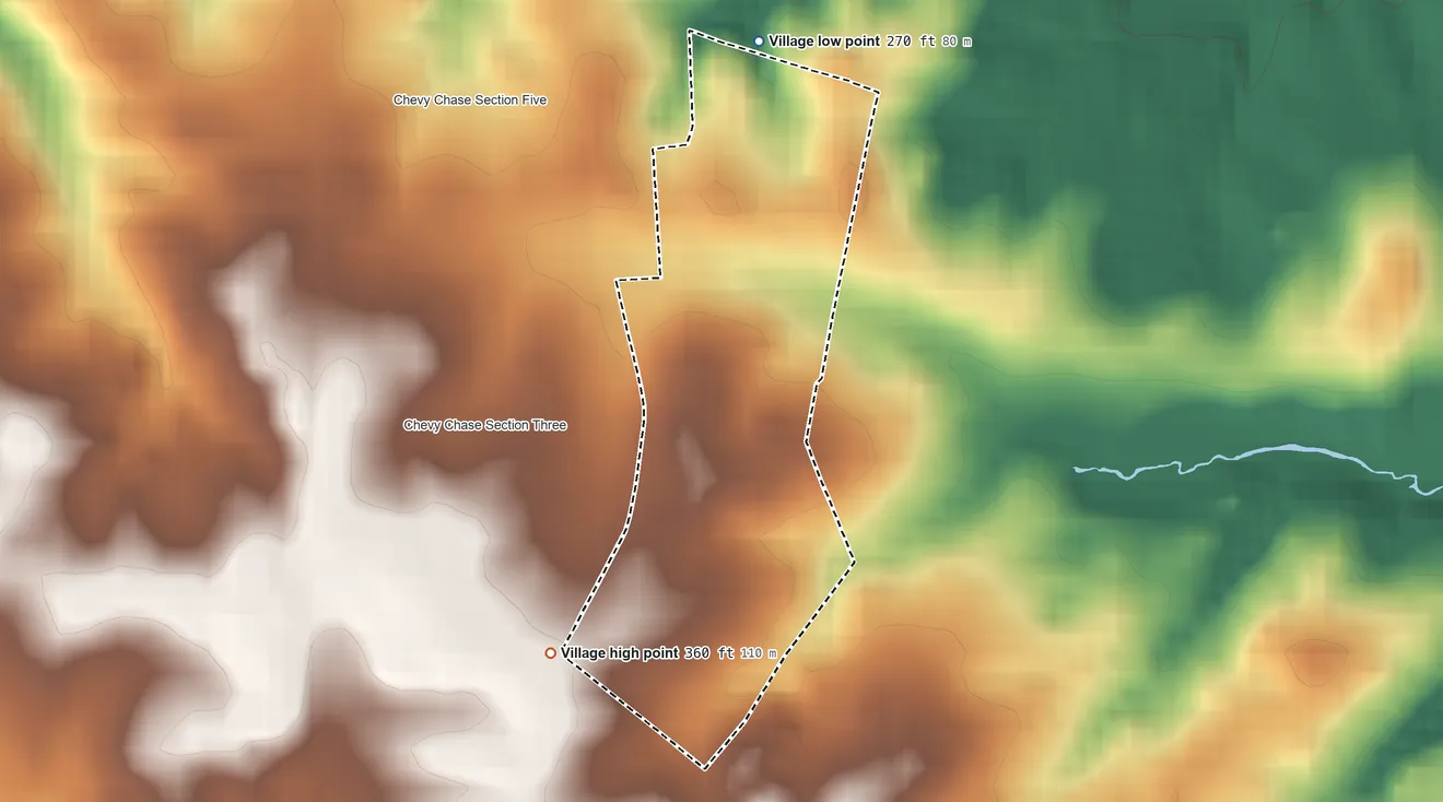 Topographic elevation map of Martin's Additions, Maryland, shaded from 270 ft on the north side to 360 ft on the southwest side