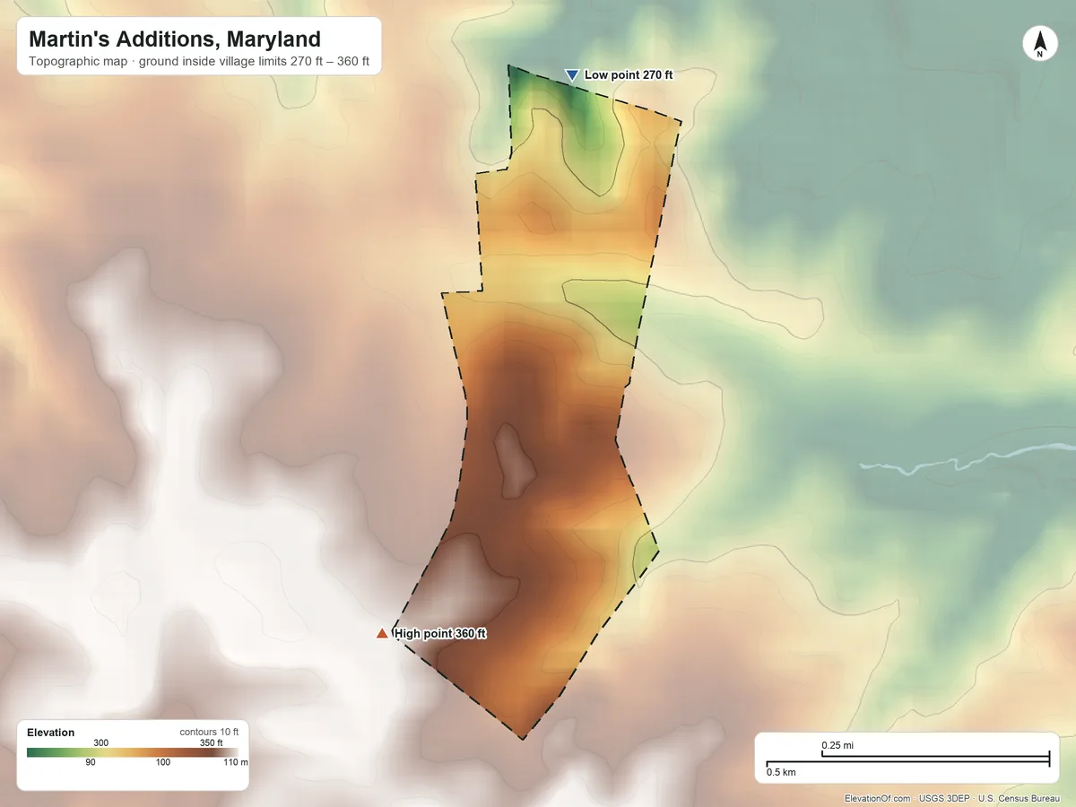 Topographic elevation map of Martin's Additions, Maryland, shaded from 270 ft on the north side to 360 ft on the southwest side