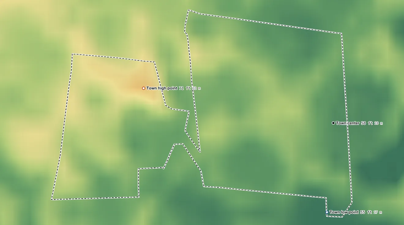Topographic elevation map of Marydel, Maryland, shaded from 55 ft on the south side to 71 ft on the west side