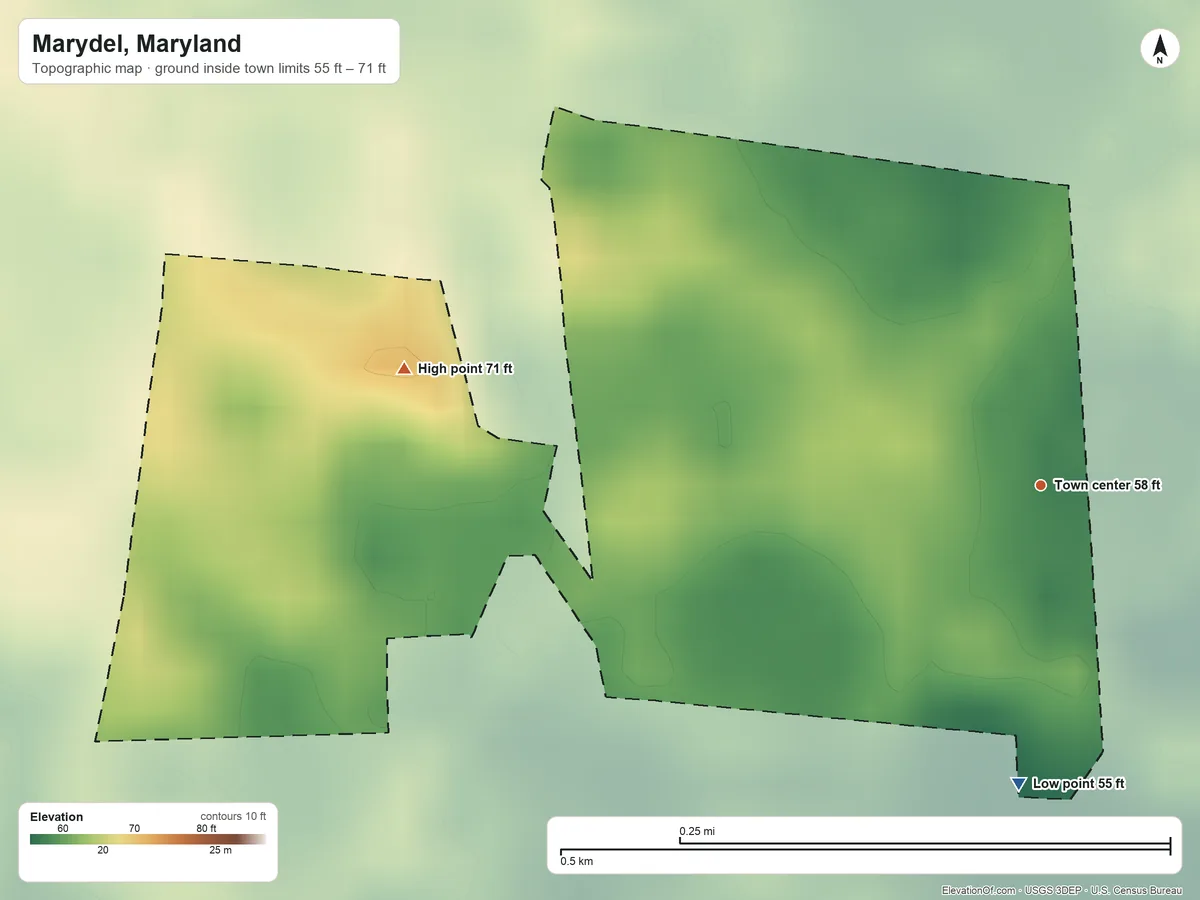 Topographic elevation map of Marydel, Maryland, shaded from 55 ft on the south side to 71 ft on the west side