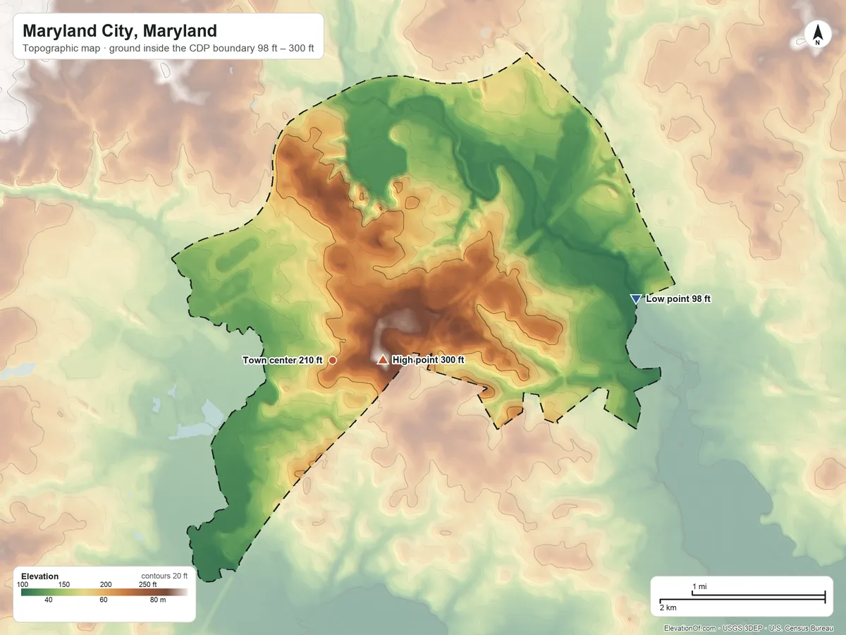 Topographic elevation map of Maryland City, Maryland, shaded from 98 ft on the east side to 300 ft near the middle