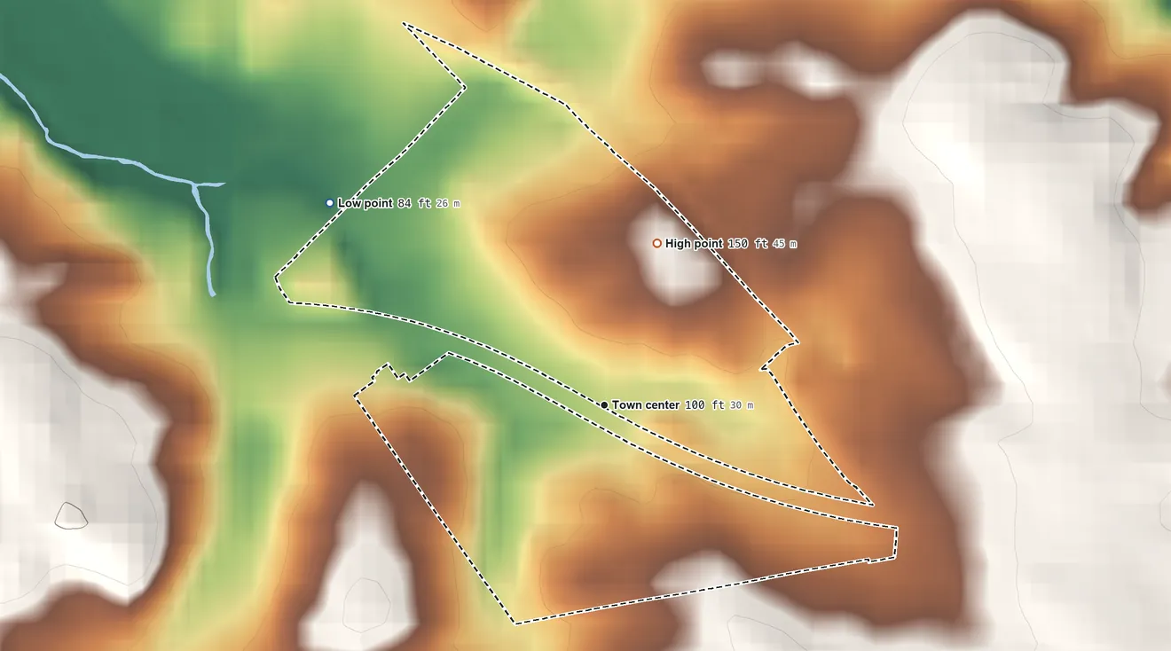 Topographic elevation map of Maryland Park, Maryland, shaded from 84 ft on the northwest side to 150 ft on the north side