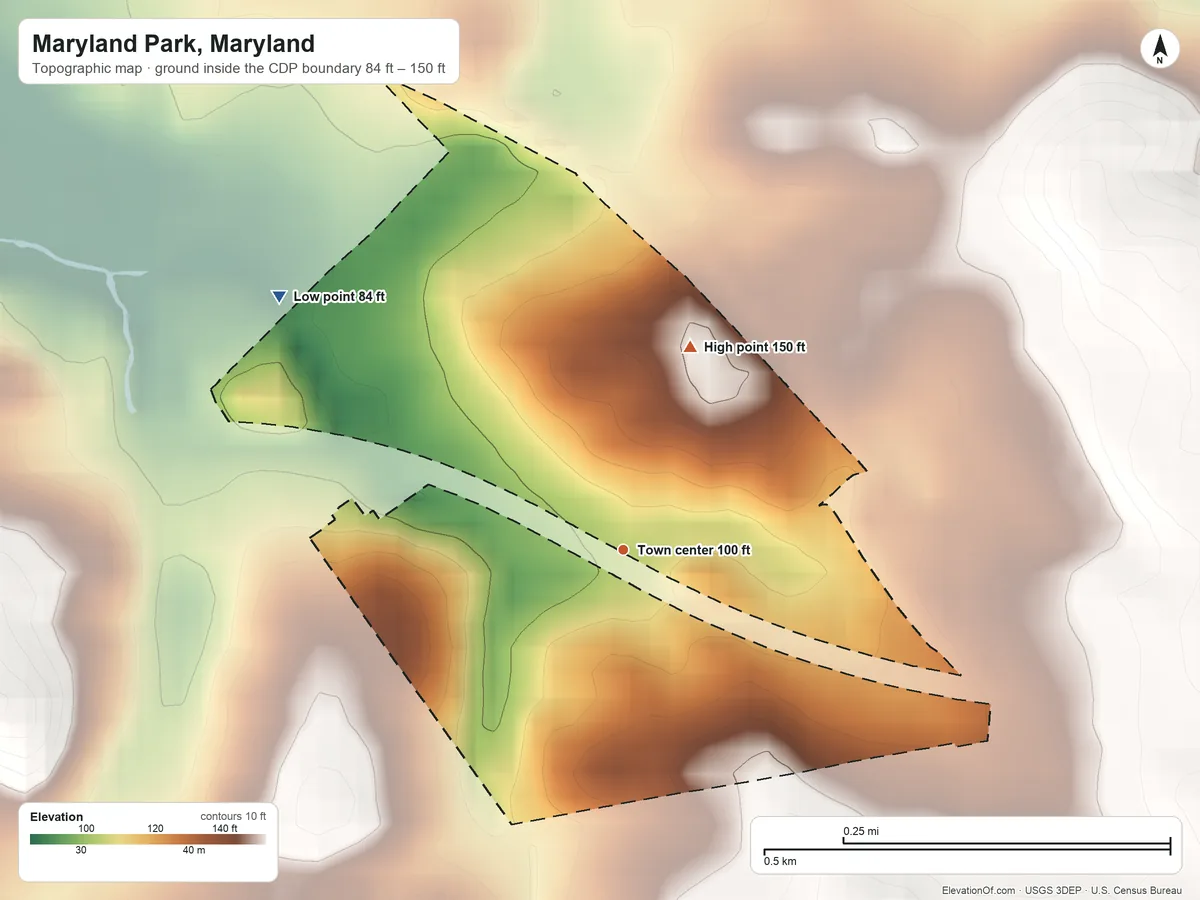 Topographic elevation map of Maryland Park, Maryland, shaded from 84 ft on the northwest side to 150 ft on the north side